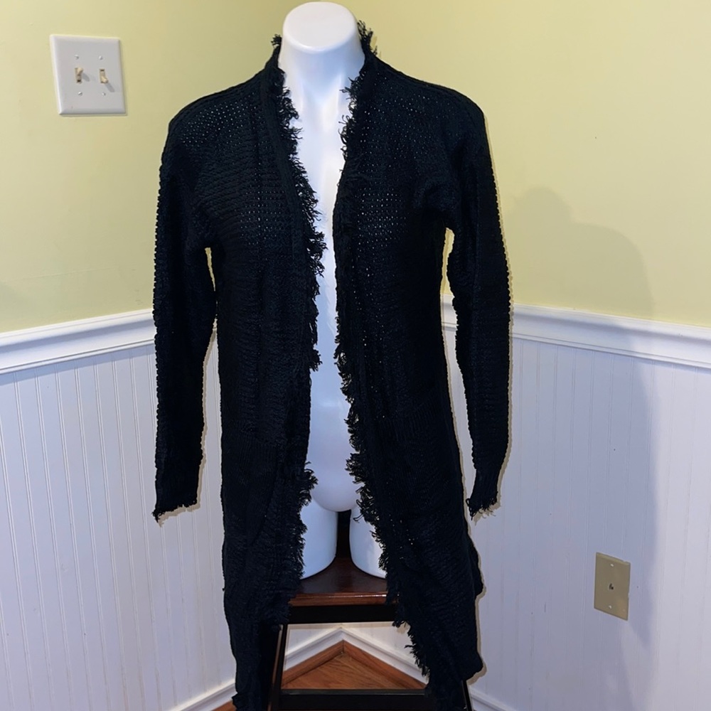 Mirol Ladies Black knit fringe trim open cardigan. Small. NWT